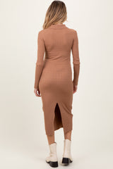 Camel Cable Knit Button Up Maternity Midi Dress