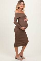 Brown Ribbed Knit Off Shoulder Fold Over Maternity Midi Dress