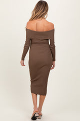 Brown Ribbed Knit Off Shoulder Fold Over Maternity Midi Dress