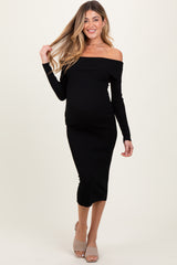 Black Ribbed Knit Off Shoulder Fold Over Maternity Midi Dress