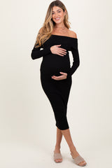 Black Ribbed Knit Off Shoulder Fold Over Maternity Midi Dress