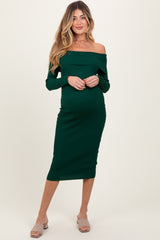 Forest Green Ribbed Knit Off Shoulder Fold Over Maternity Midi Dress