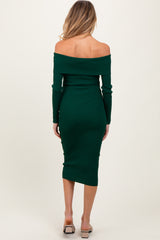 Forest Green Ribbed Knit Off Shoulder Fold Over Maternity Midi Dress