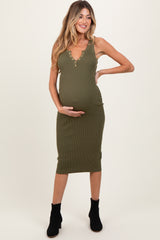 Olive Ribbed Fitted Sleeveless Snap Button Maternity Dress