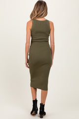 Olive Ribbed Fitted Sleeveless Snap Button Maternity Dress