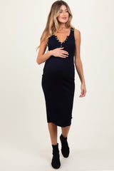 Navy Ribbed Fitted Sleeveless Snap Button Maternity Dress