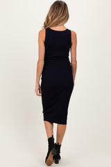 Navy Ribbed Fitted Sleeveless Snap Button Maternity Dress