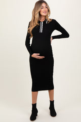 Black Contrast Trim Ribbed Knit Button Up Maternity Midi Dress