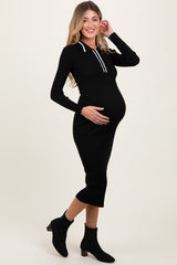 Black Contrast Trim Ribbed Knit Button Up Maternity Midi Dress