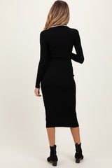 Black Contrast Trim Ribbed Knit Button Up Maternity Midi Dress