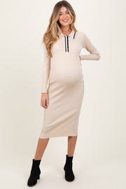 Cream Contrast Trim Ribbed Knit Button Up Maternity Midi Dress