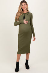 Olive Contrast Trim Ribbed Knit Button Up Maternity Midi Dress