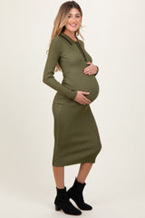 Olive Contrast Trim Ribbed Knit Button Up Maternity Midi Dress