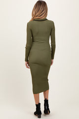 Olive Contrast Trim Ribbed Knit Button Up Maternity Midi Dress