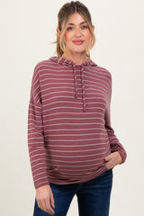 Mauve Striped Drawstring Hoodie Maternity Top