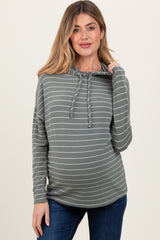 Olive Striped Drawstring Hoodie Maternity Top