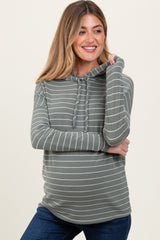 Olive Striped Drawstring Hoodie Maternity Top