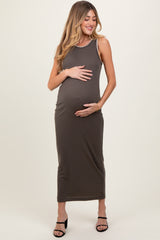 Taupe Crochet Trim Ribbed Sleeveless Maternity Maxi Dress