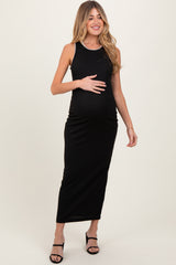 Black Crochet Trim Ribbed Sleeveless Maternity Maxi Dress