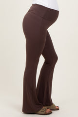 Brown Fold Over Waistband Maternity Flared Pants