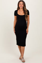 Black Square Neck Side Slit Maternity Midi Dress