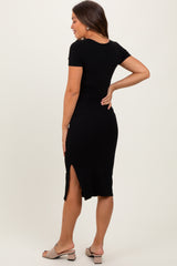 Black Square Neck Side Slit Maternity Midi Dress