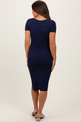 Navy Square Neck Side Slit Maternity Midi Dress