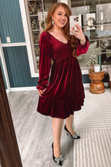 Burgundy Velvet Smocked Long Sleeve Dress