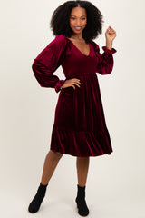 Burgundy Velvet Smocked Long Sleeve Dress