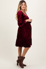 Burgundy Velvet Smocked Maternity Long Sleeve Dress