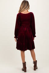 Burgundy Velvet Smocked Maternity Long Sleeve Dress