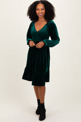 Forest Green Velvet Smocked Maternity Long Sleeve Dress