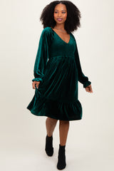 Forest Green Velvet Smocked Long Sleeve Dress