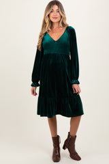 Forest Green Velvet Smocked Maternity Long Sleeve Dress