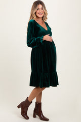 Forest Green Velvet Smocked Maternity Long Sleeve Dress