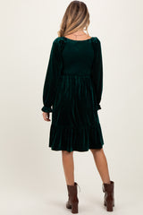 Forest Green Velvet Smocked Maternity Long Sleeve Dress