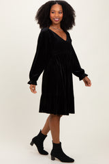 Black Velvet Smocked Long Sleeve Dress