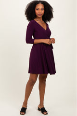 Purple 3/4 Sleeve Nursing Sash Tie Wrap Dress