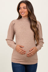 Mocha Ribbed Mock Neck Bubble Sleeve Maternity Top