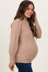 Mocha Ribbed Mock Neck Bubble Sleeve Maternity Top