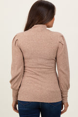 Mocha Ribbed Mock Neck Bubble Sleeve Maternity Top