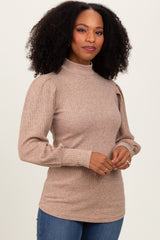 Mocha Ribbed Mock Neck Bubble Sleeve Maternity Top