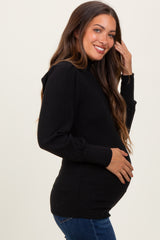 Black Ribbed Mock Neck Bubble Sleeve Maternity Top