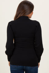 Black Ribbed Mock Neck Bubble Sleeve Maternity Top