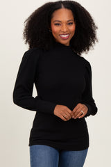 Black Ribbed Mock Neck Bubble Sleeve Maternity Top