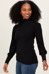 Black Ribbed Mock Neck Bubble Sleeve Top