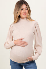 Beige Ribbed Mock Neck Bubble Sleeve Maternity Top