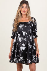 Black Satin Floral Square Neck Maternity Mini Dress