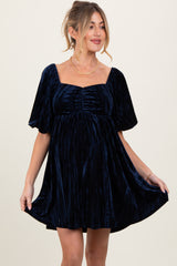 Navy Crushed Velvet Puff Sleeve Maternity Mini Dress