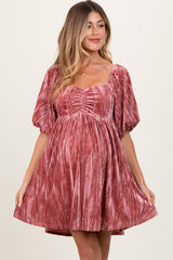 Mauve Crushed Velvet Puff Sleeve Maternity Mini Dress